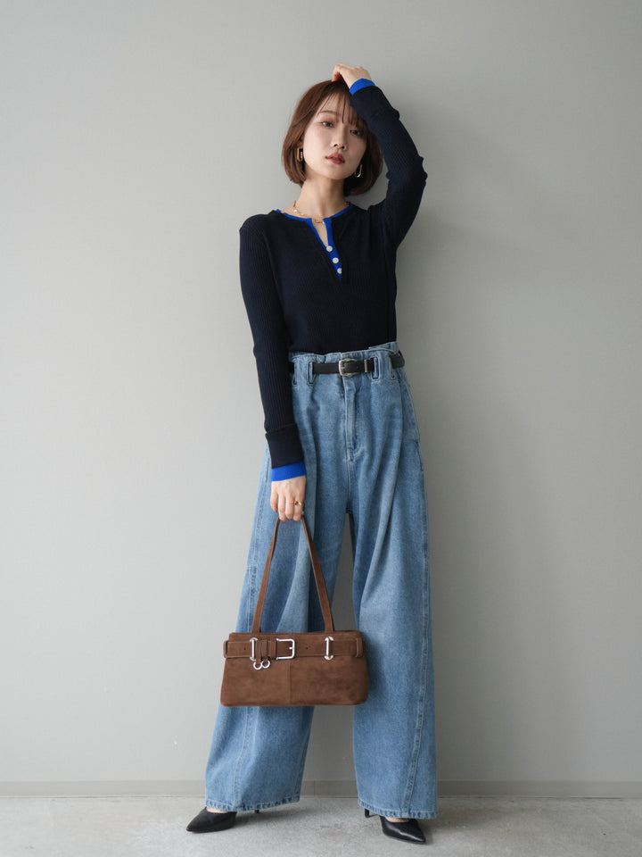 [SET]バイカラーキーネックリブニットトップス+ハイウエストベルトループデザインデニムパンツ(2set)