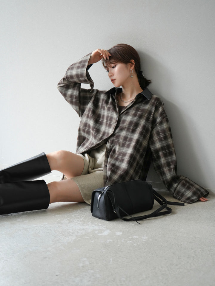 【着回しセット】[SET]レザー襟オンブレチェックオーバーシャツ +クラッシュベロアナロースカート+ツイードハーフパンツ(3set)