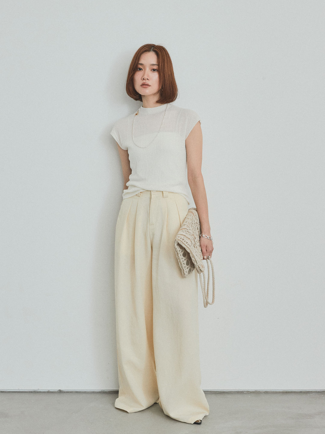 [SET] 法式袖透視針織上衣 + 亞麻觸感褶皺寬褲 (2set)