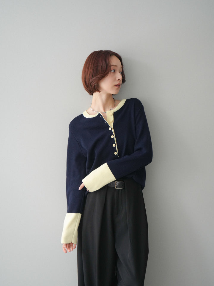 [SET]ヘンリーネック配色ニットソー+ベルトループデザインワイドパンツ(2set)