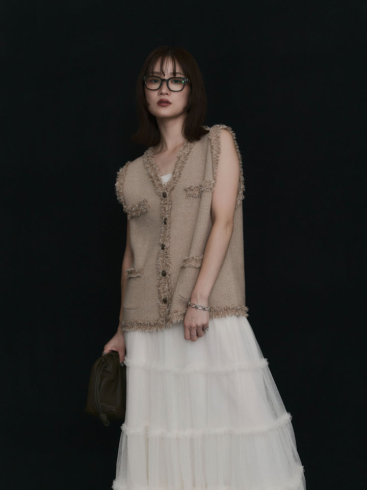 [予約]アンティークボタンツイードフリンジニットベスト/ベージュ