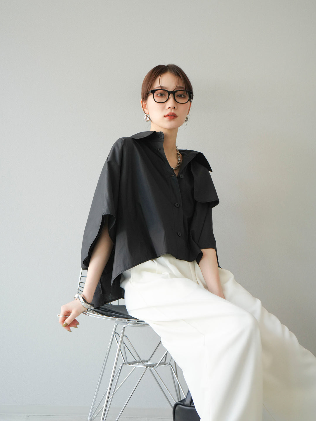 [SET]ポンチョショートシャツ+リネンライクイージーワイドパンツ(2set)