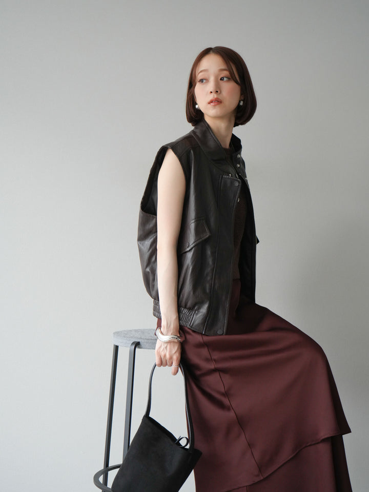 [予約]スリーブレスフェイクレザーブルゾン/ブラウン