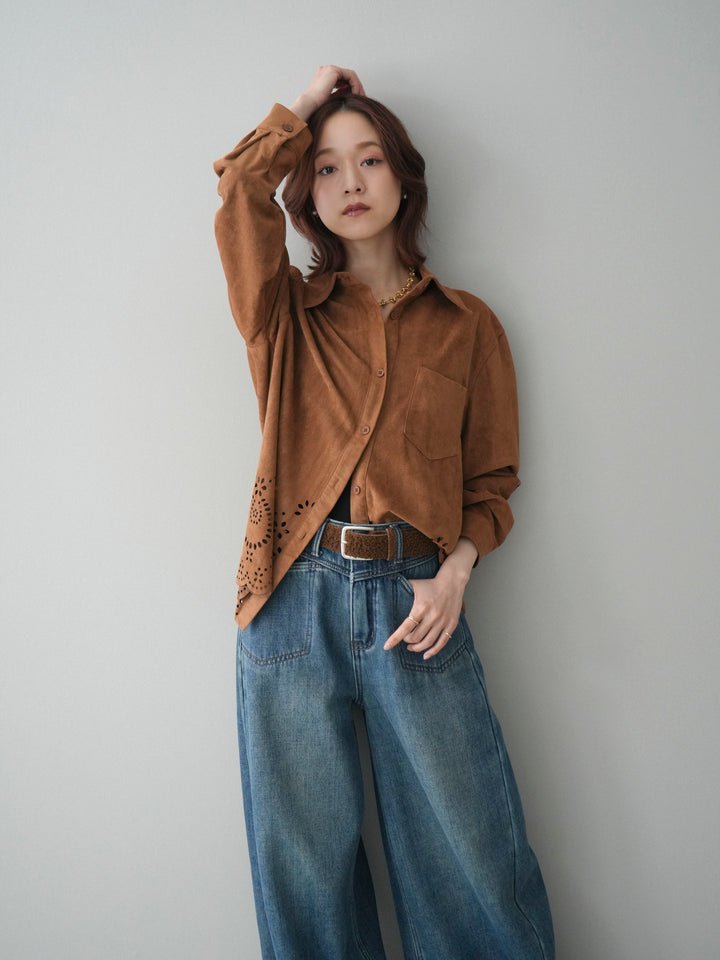 [SET]裾スカラップスエードシャツ+ベルト付裏起毛カーブデニムパンツ(2set)