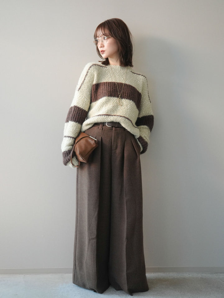 [SET]ネップヤーンボーダーニットプルオーバー+ウールタッチベルト付ワイドパンツ(2set)