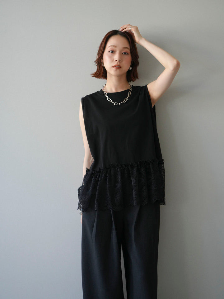 [予約]レースドッキングノースリTEE/black