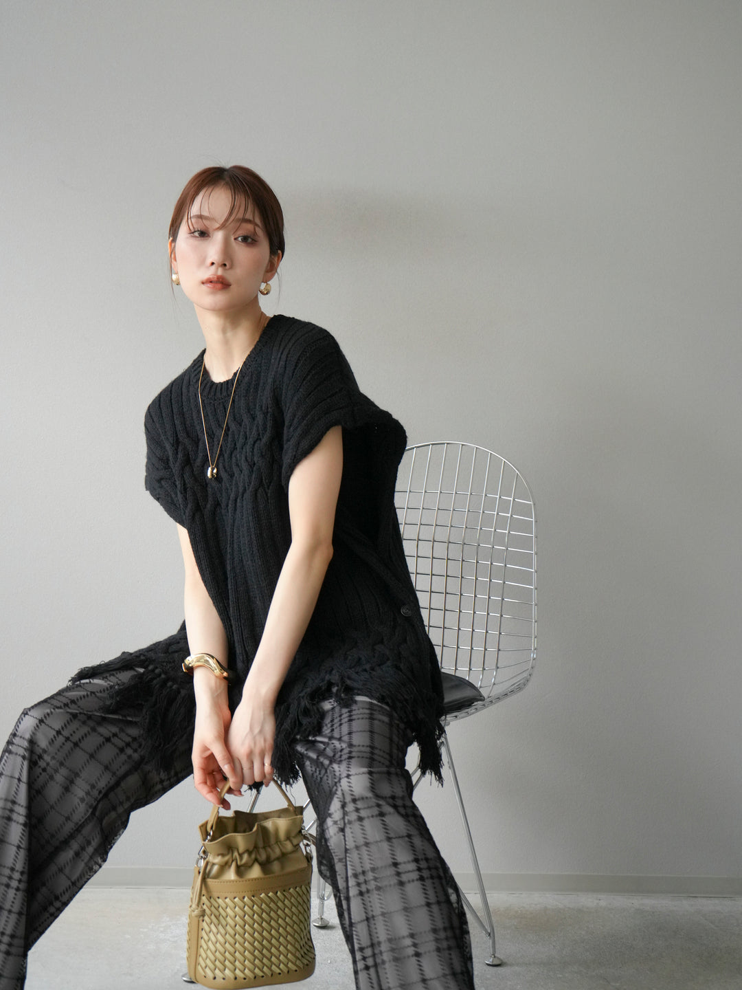 [予約]ケーブルニットフリンジベスト/ブラック