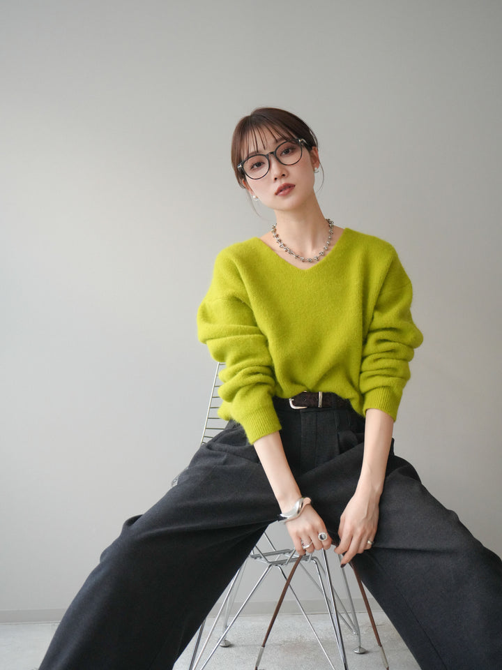 [SET]シュシュ付きアンゴラタッチVネックニットプルオーバー+選べるアクセセット(2set)