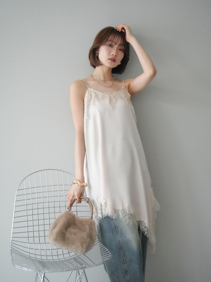 [予約]アシンメトリーサテンレースキャミソール/ecru