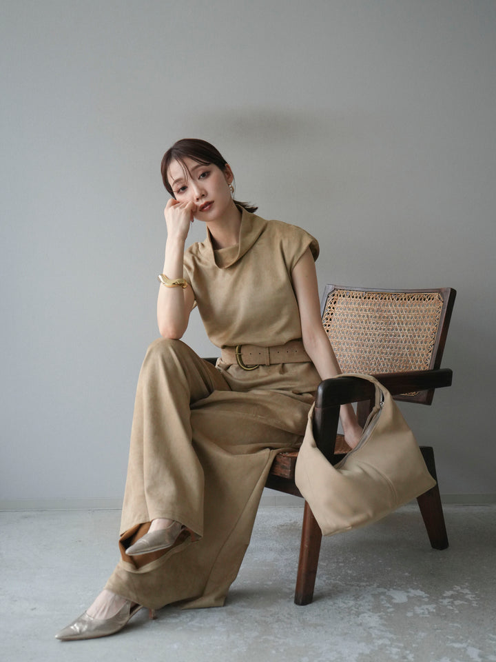 [SET]ベルト付スエードハイネックプルオーバー＆ワイドパンツSET UP