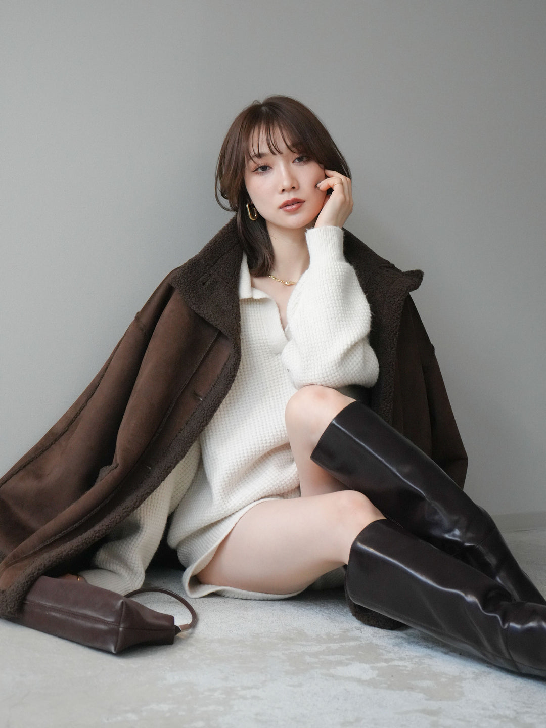 [SET]ポロニットプルオーバー＆ショートパンツSET UP+スタンドネックフェイクムートンミディアムコート(2set)