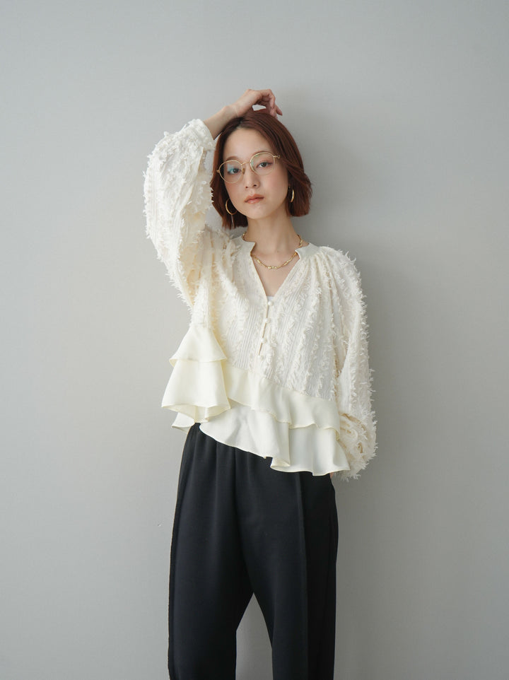 [SET]ジャガードぺプラムフリルブラウス+2WAYデザインスウェットパンツ(2set)