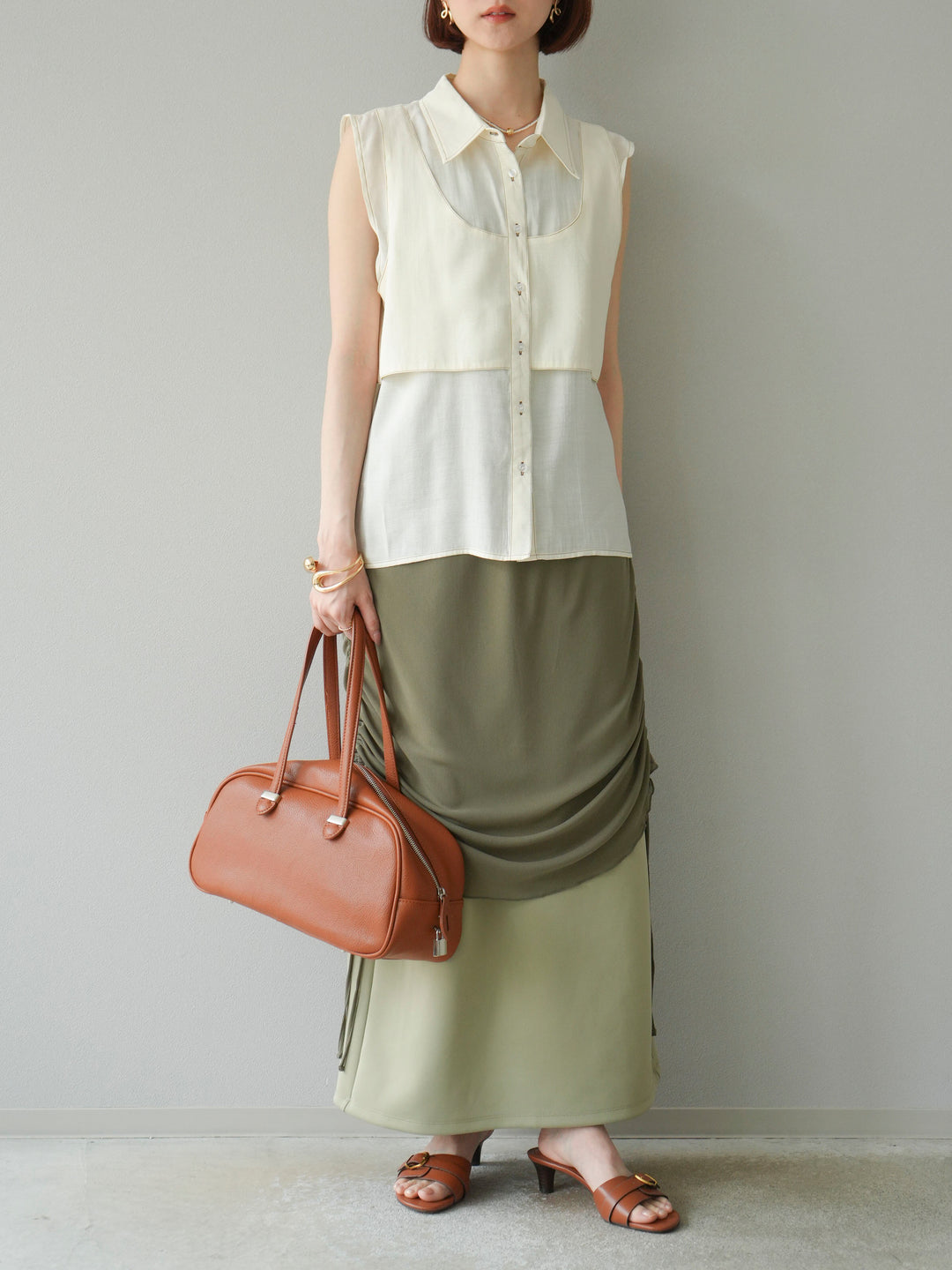 [予約]ステッチシアーレイヤードデザインブラウス/アイボリー