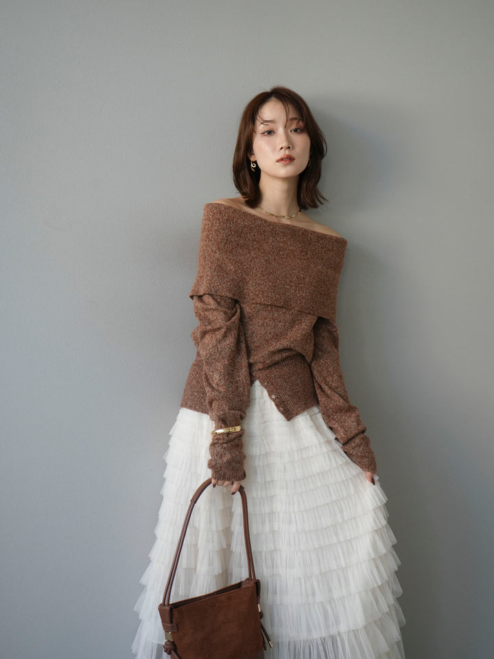 [予約]ミックスヤーンオフショルニットプルオーバー/オレンジ