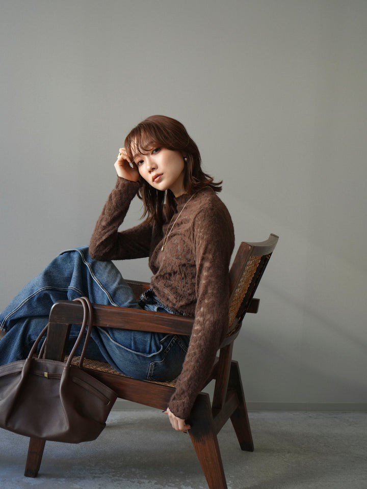 [予約]起毛レースプチネックトップス/brown