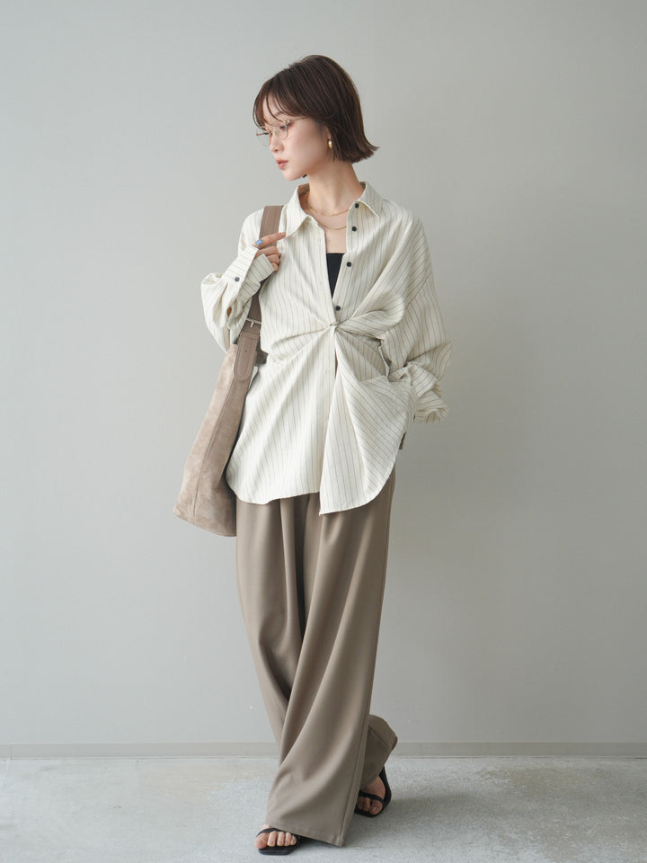 [SET]2WAYカシュクールストライプブラウス+ベルト付キーホルダーモチーフワイドパンツ(2set)