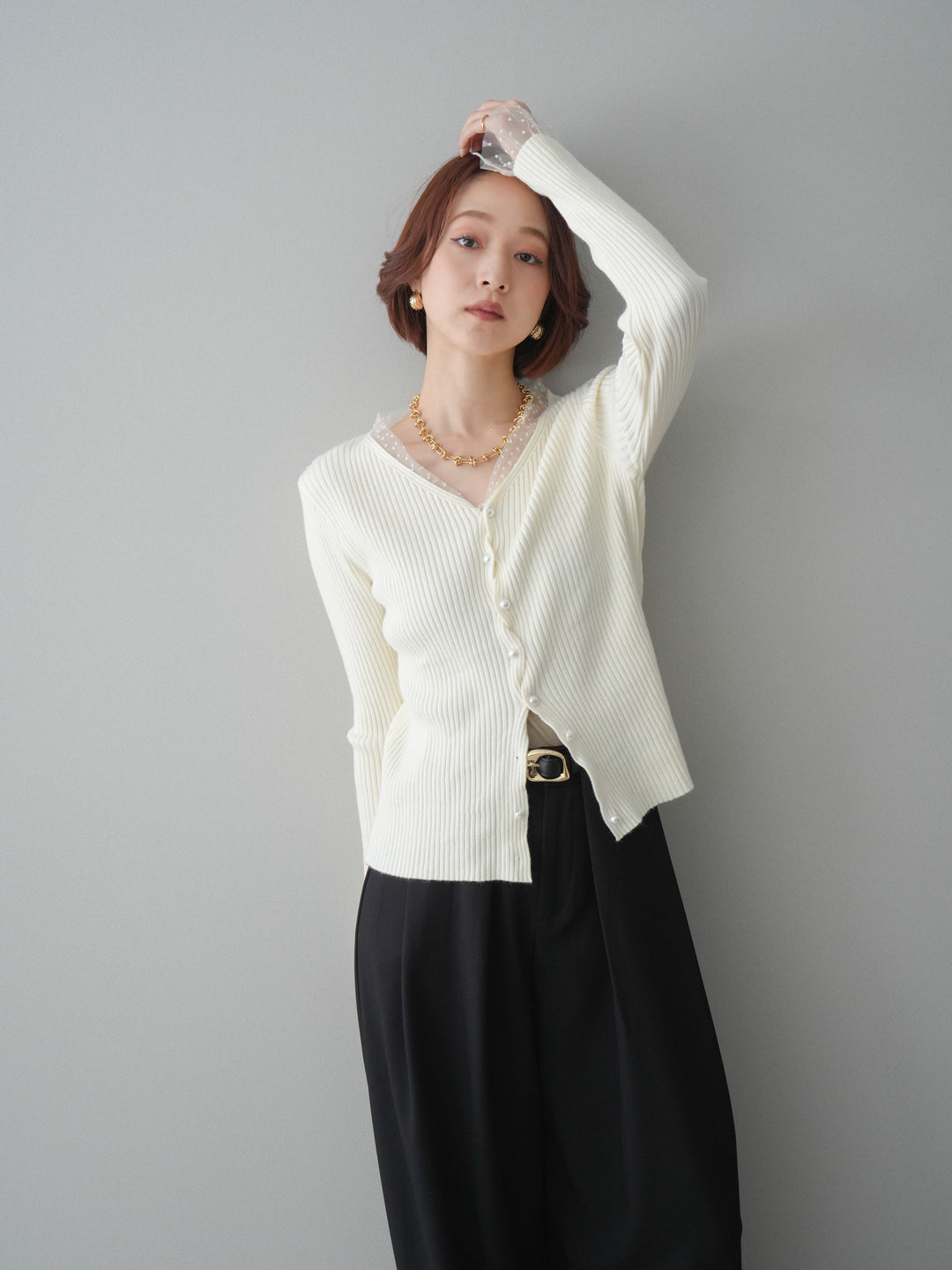 [予約]チュールドッキングパールボタンニットカーディガン/ivory