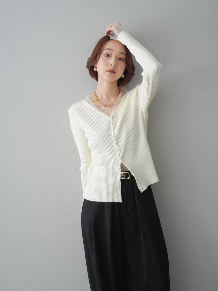 [予約]チュールドッキングパールボタンニットカーディガン/ivory