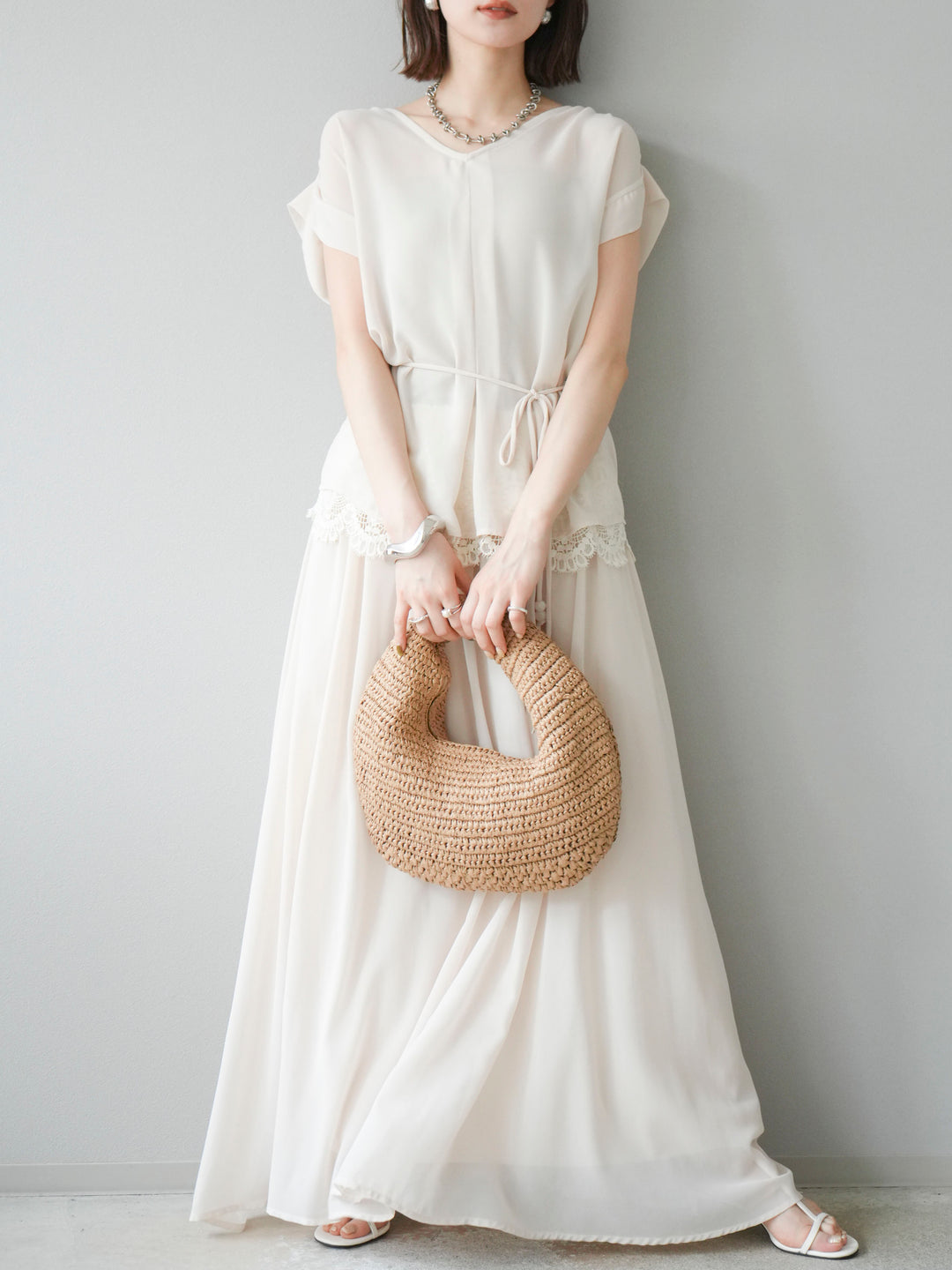 [SET]シフォンブラウス＆レースデザインフレアスカートSET UP(2set)