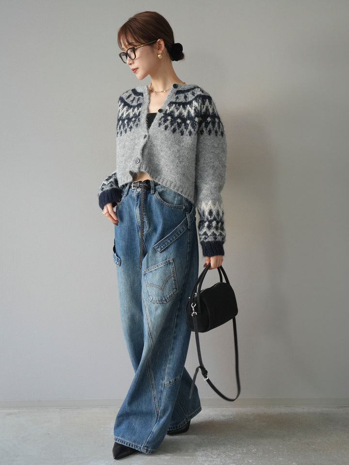 【着回しセット】[SET]求心柄クロップドニットカーディガン+ミックスヤーンペイズリー柄ニットカーディガン+ペインターカーブデニムパンツ(3set)