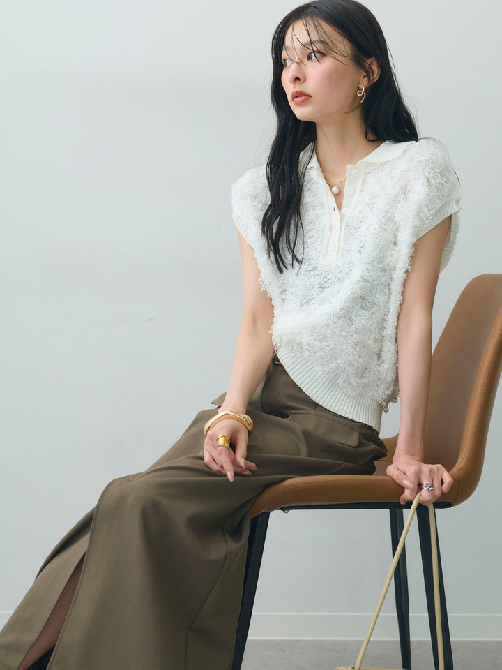 [SET]チョウチョヤーンフレンチポロニット+クレープデシンフラップ付きストレートスカート(2set)