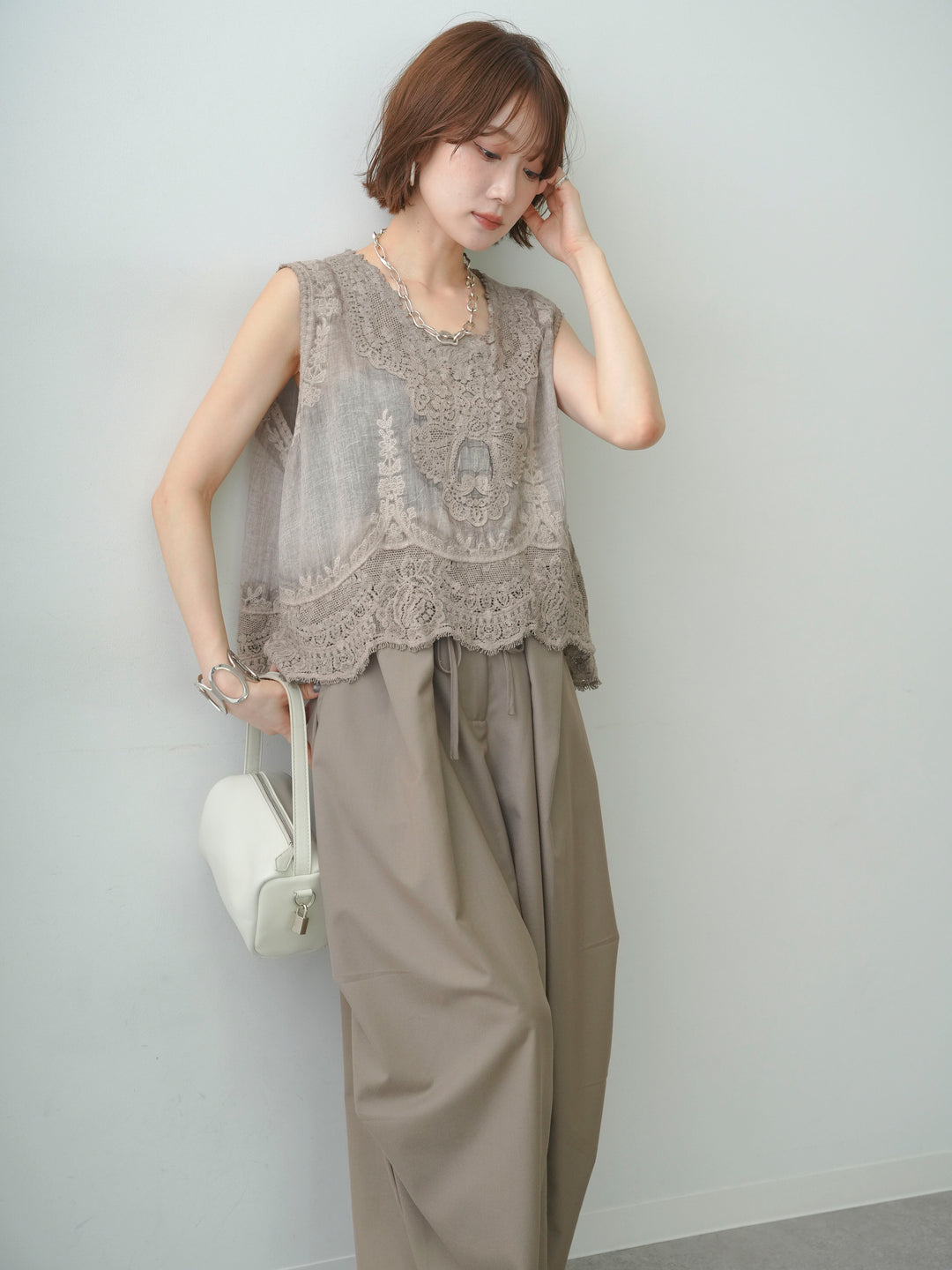 [予約]アンティークレースノースリトップス/brown