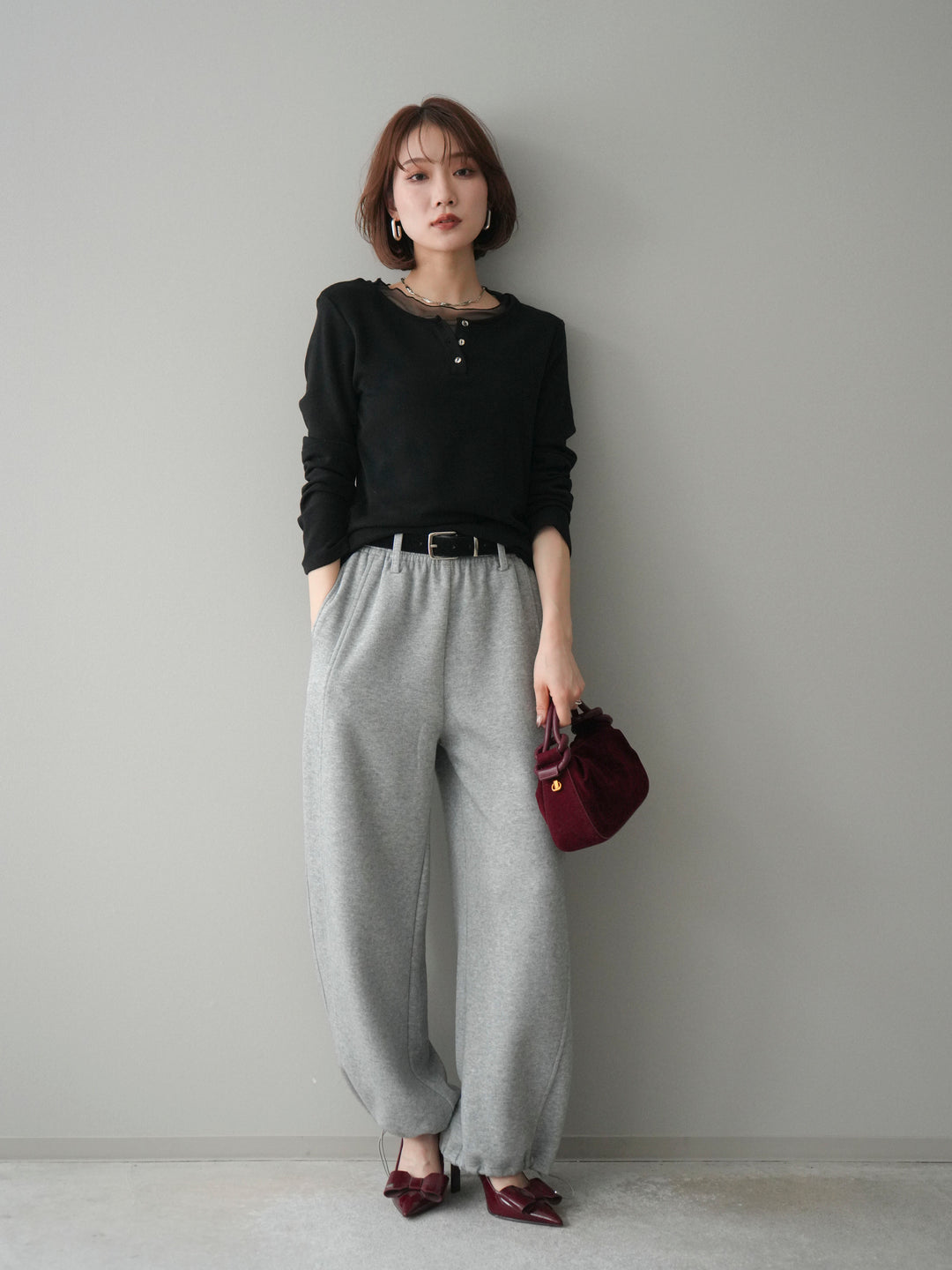 [予約]チュールレイヤードヘンリーネックカットソー/black