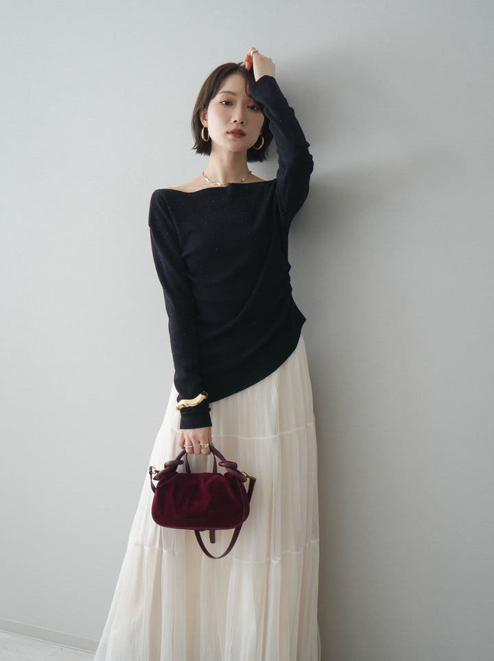 [予約]ラインストーンアシンメトリーニットトップス/black