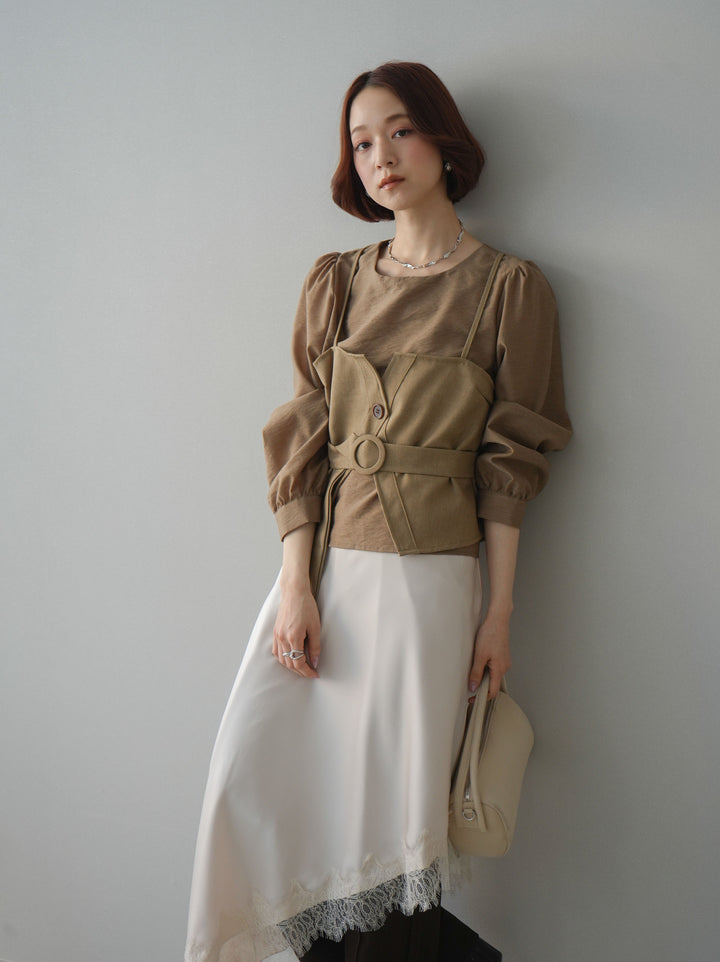 [SET]異素材ビスチェドッキングブラウス+センターシームフレアパンツ(2set)