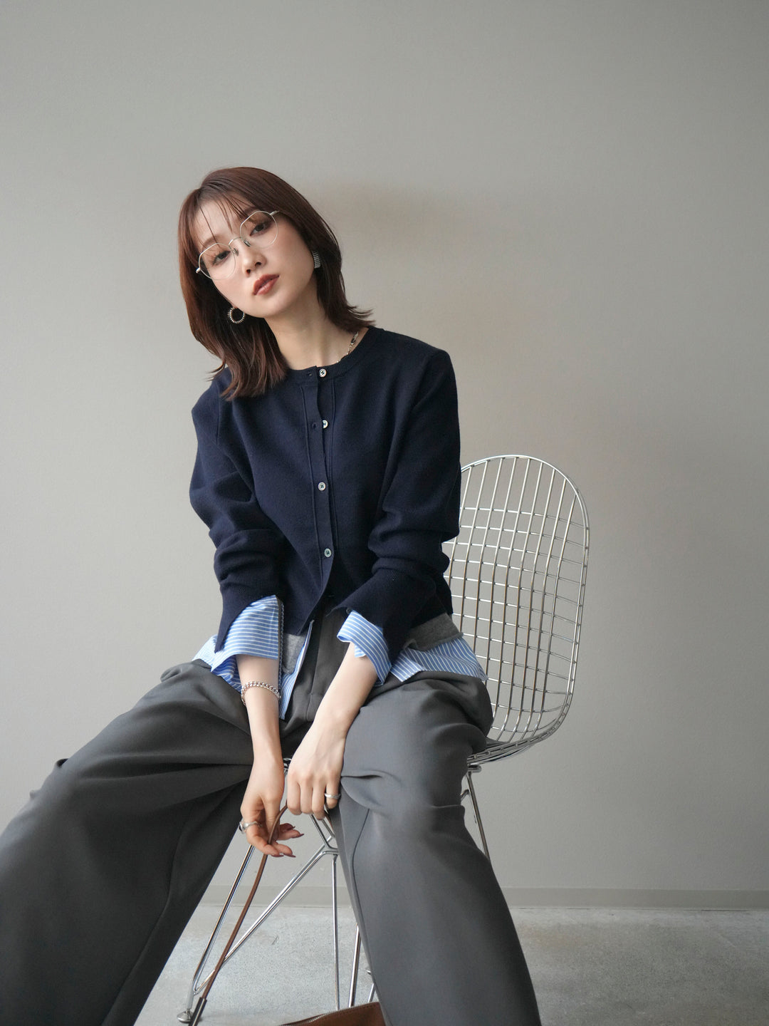 [SET]シャツ襟レイヤードニットカーディガン+ベルトループデザインワイドパンツ(2set)