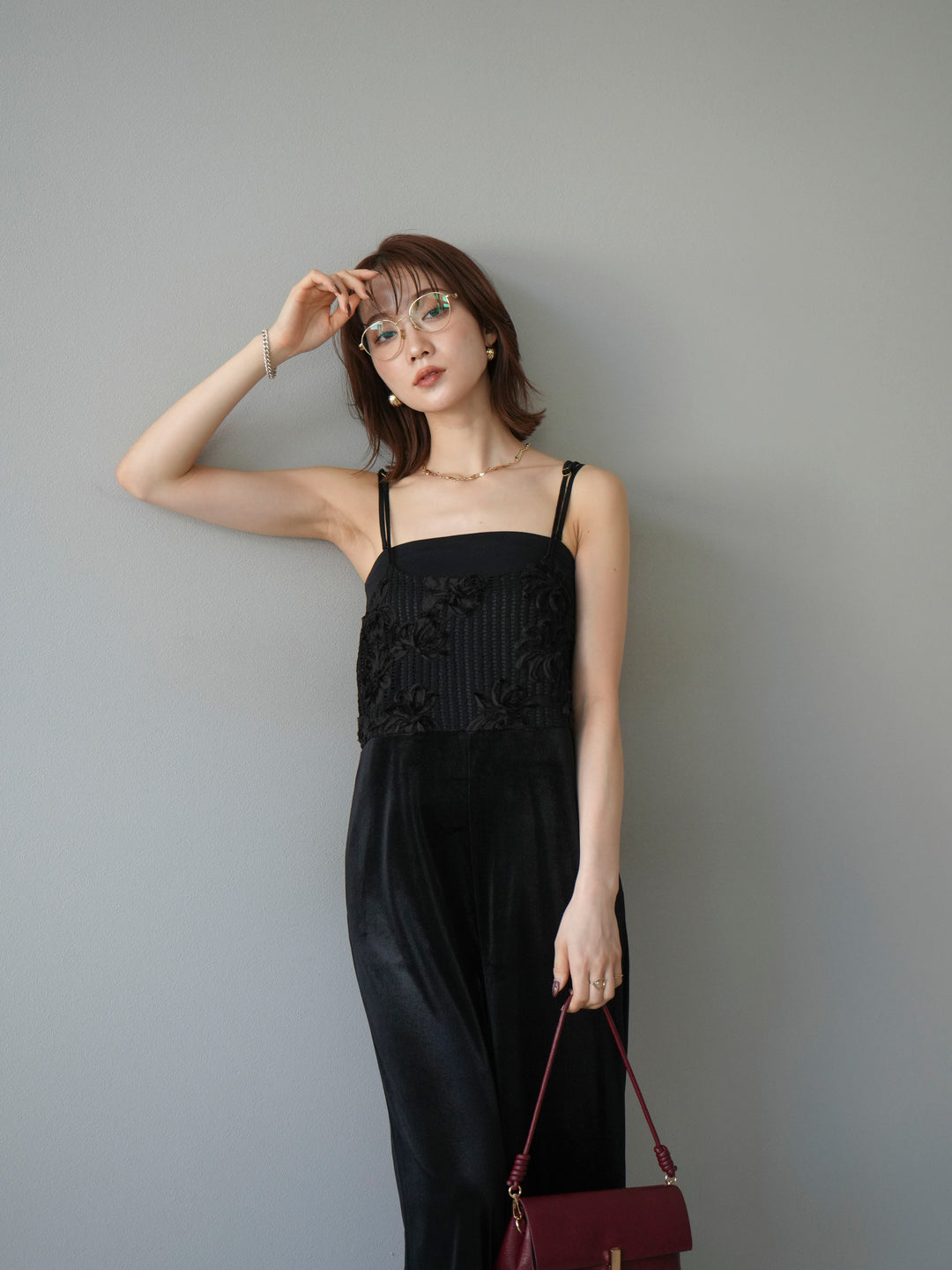 [予約]ジャガード切替ベロアサロペット/ブラック