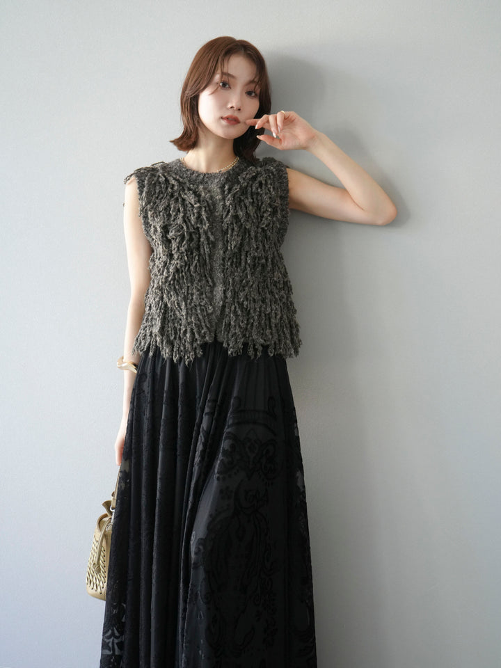 [SET]フリンジループニットベスト+アンティーク柄フロッキーマキシスカート(2set)