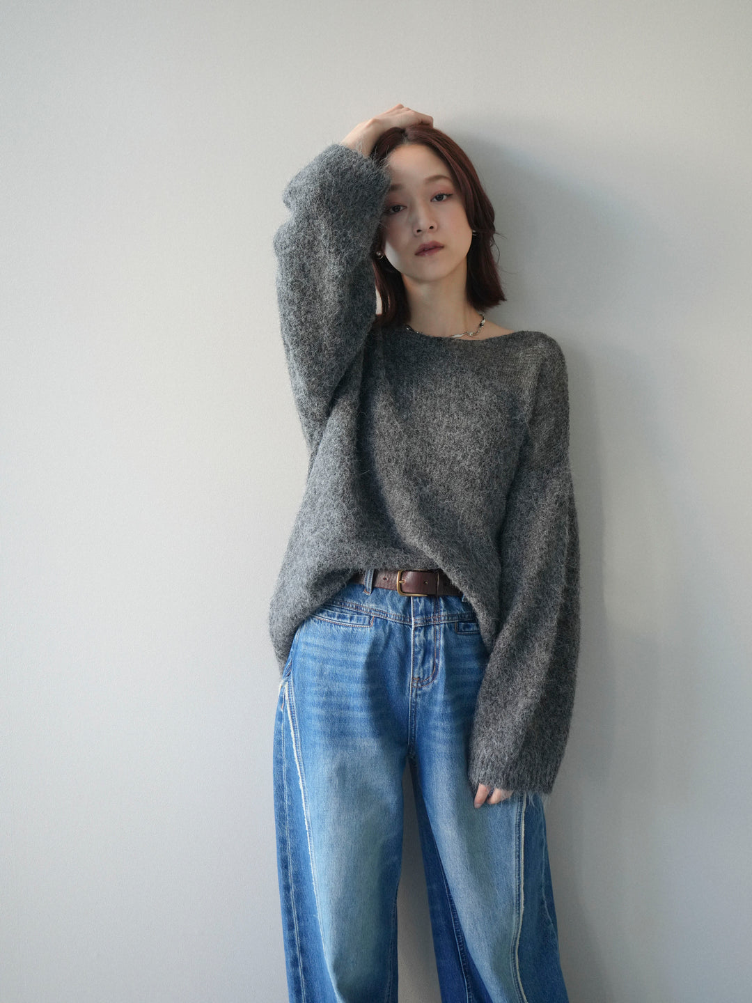 [予約]透かしデザインニットプルオーバー/charcoal