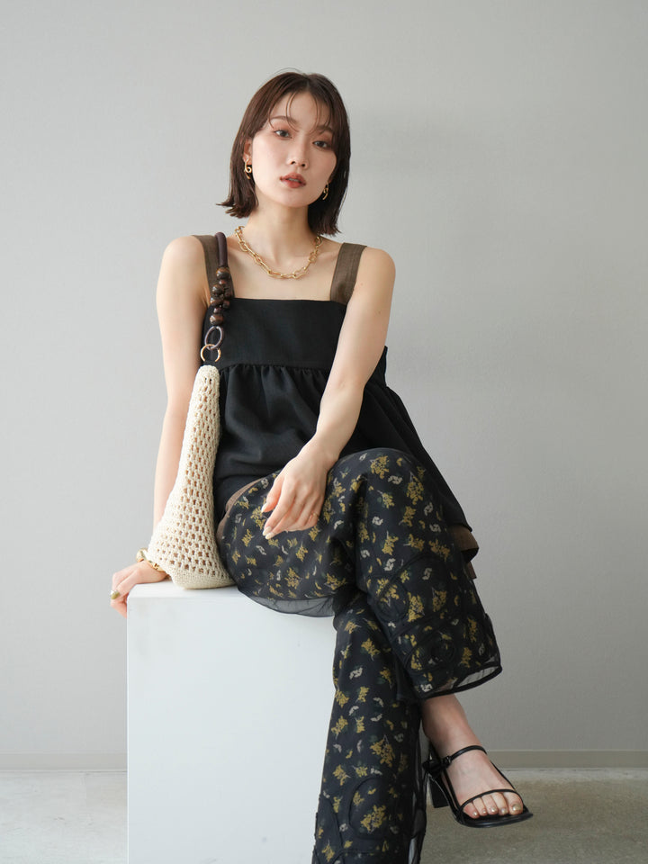 [SET]コード刺繍チュールレイヤードパンツ+ブーケプリントタックパンツ(2set)