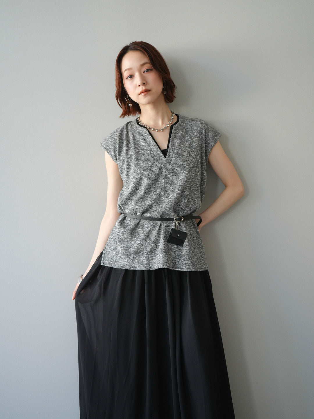 [予約]ベルト付シフォンコンビジャージワンピース/black