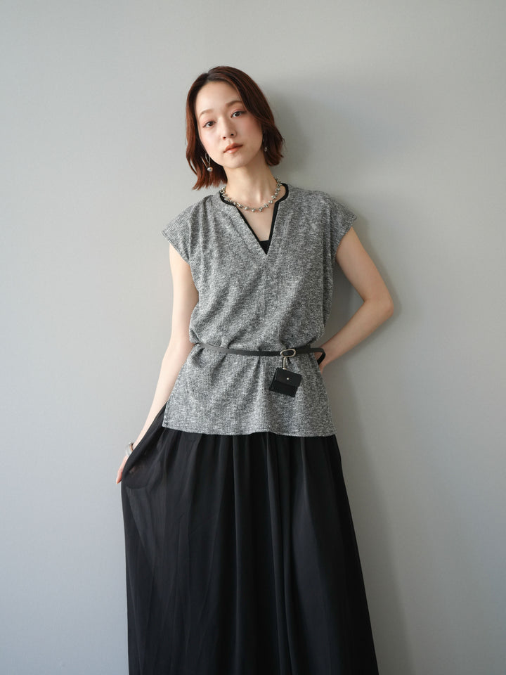 [予約]ベルト付シフォンコンビジャージワンピース/black
