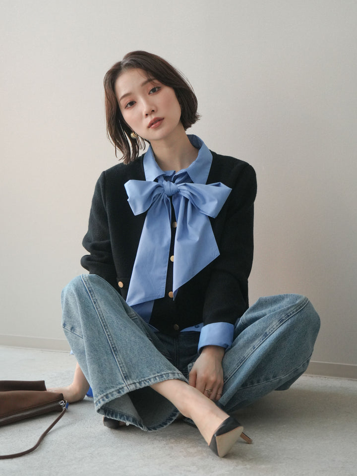 [SET]ゴールドボタンノーカラーニットジャケット+ボウタイ付オーバーシャツ+ガーメントウォッシュカーブデニムパンツ(3set)