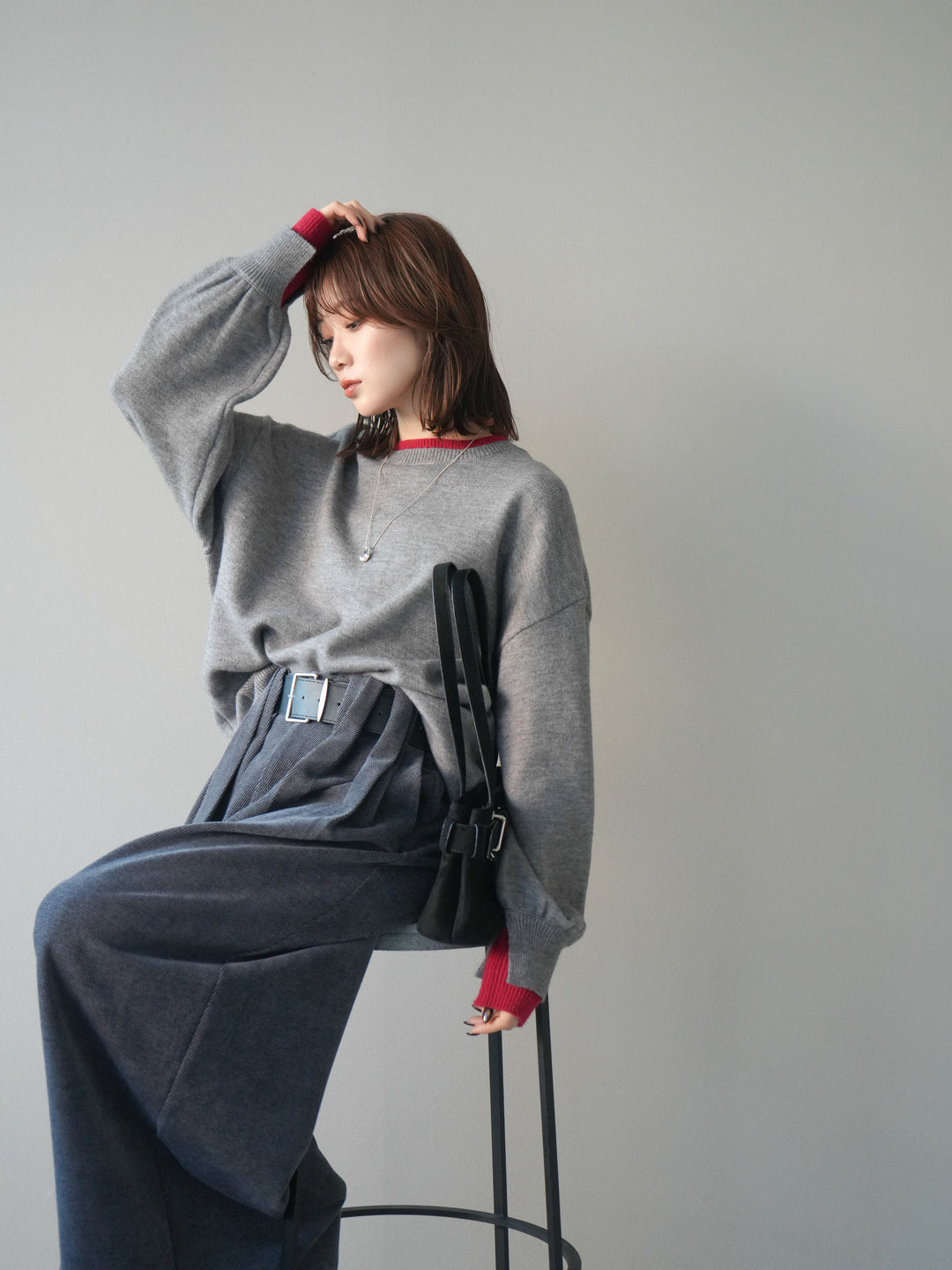 [予約]ヘンリーネック配色レイヤードニットプルオーバー/middlegray