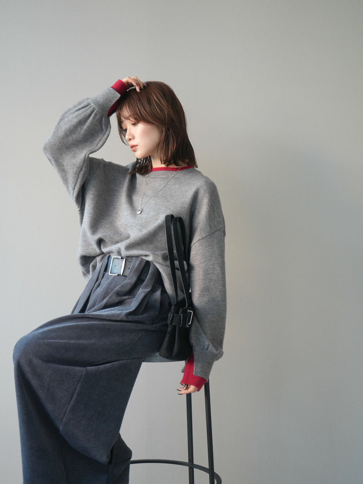 [予約]ヘンリーネック配色レイヤードニットプルオーバー/middlegray