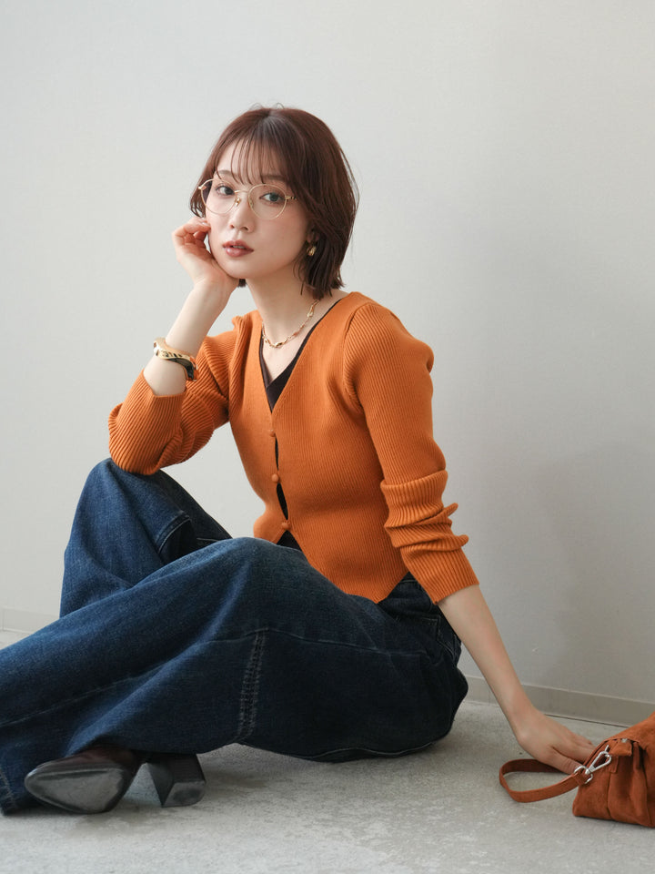 [予約]Vネック配色レイヤードスリットニットトップス/orange