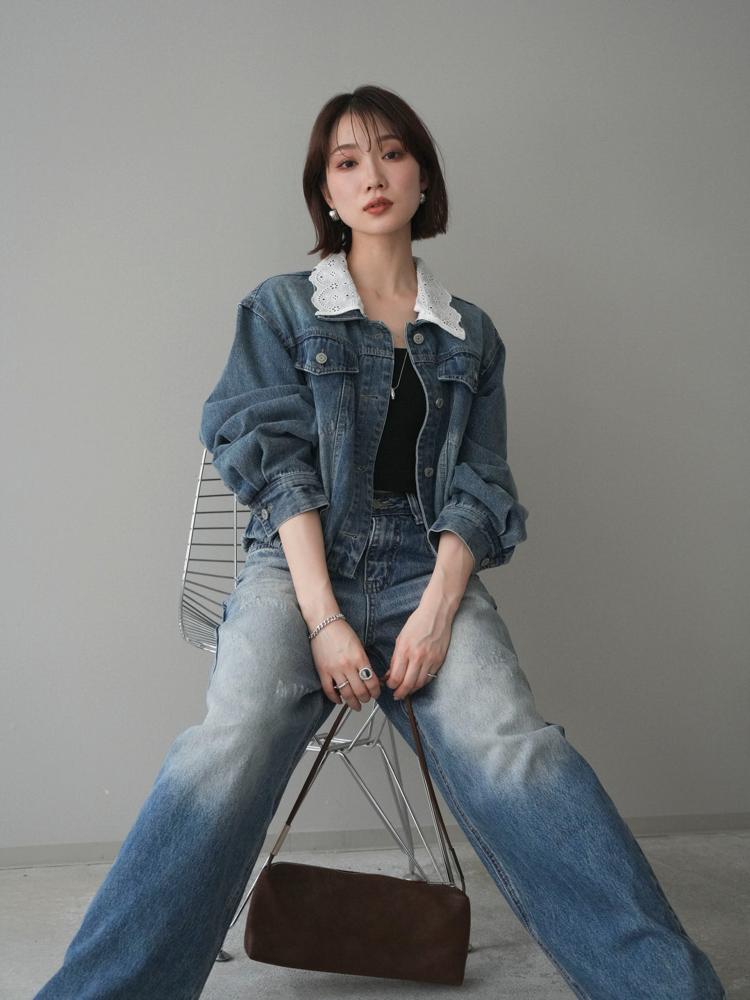 [予約]襟レースデニムショートジャケット/indigo