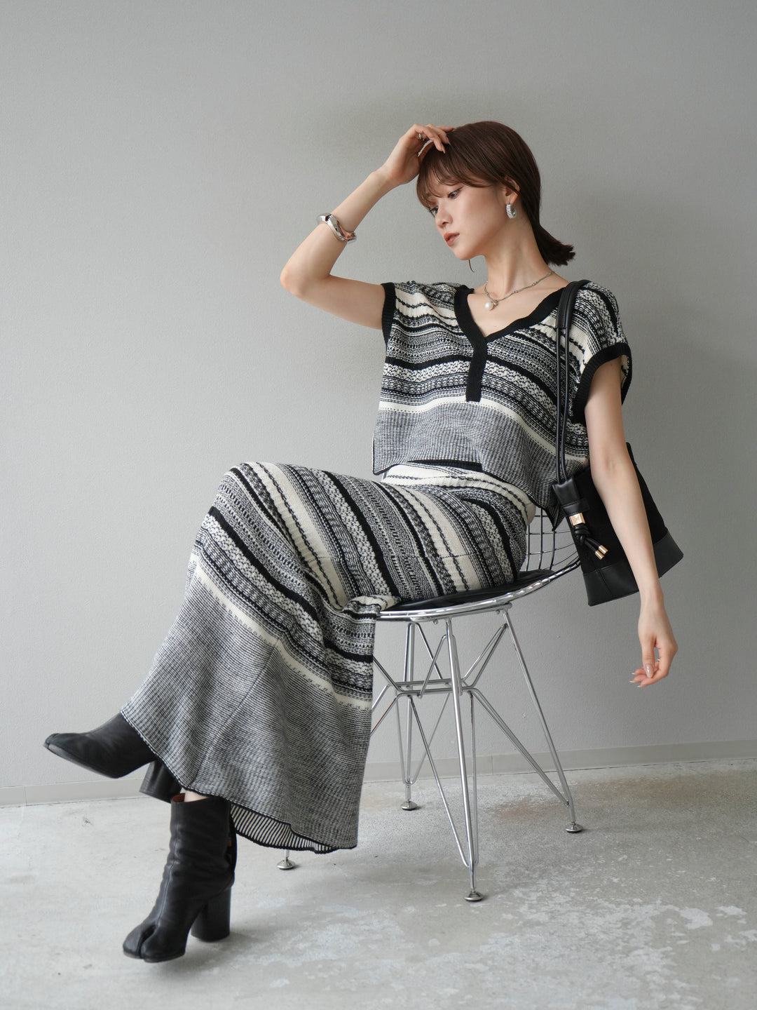 [予約]ガーター編み2WAYニットベスト/ホワイト×ブラック