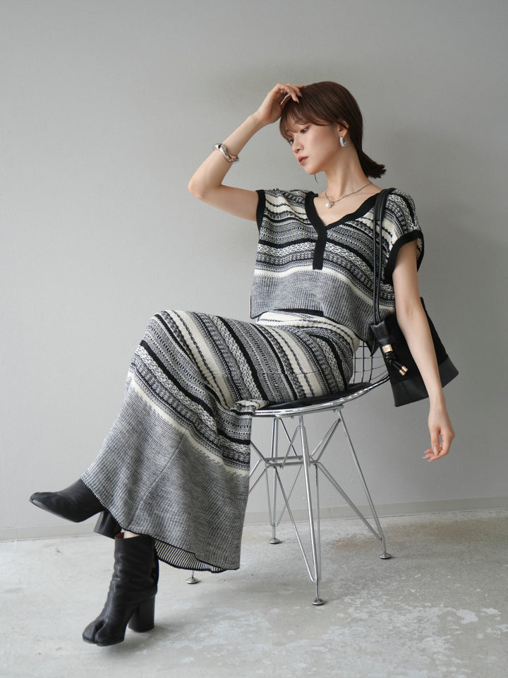 [予約]ガーター編み2WAYニットベスト/ホワイト×ブラック