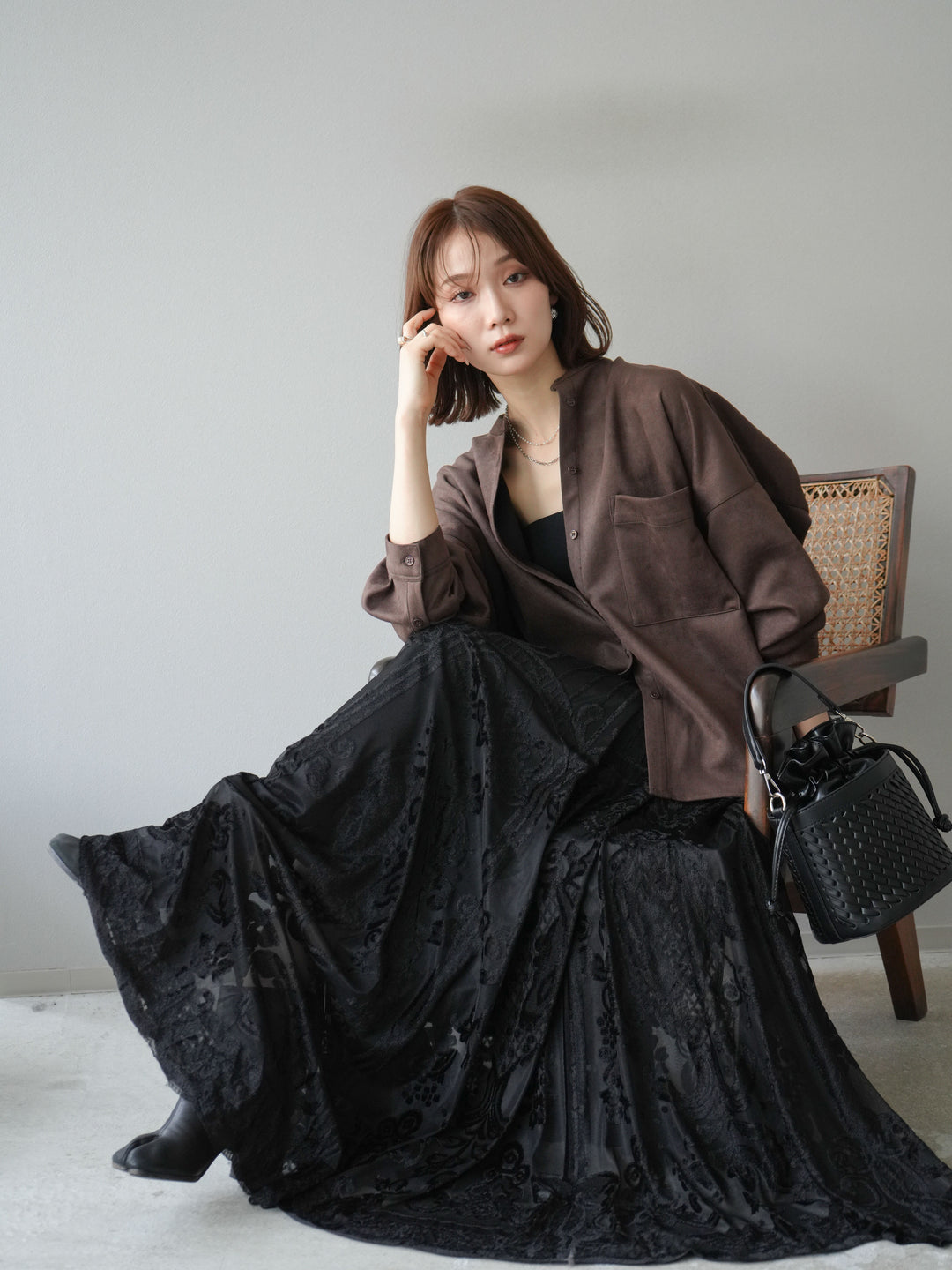 [予約]スエードバンドカラーオーバーシャツ/ダークブラウン