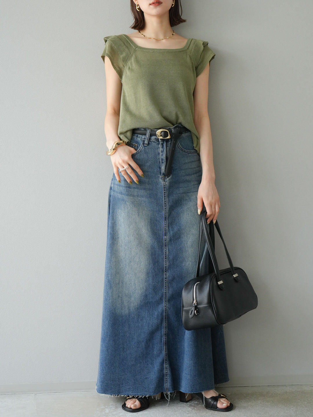 [予約]リネンタッチフリルニットタンクトップ/カーキ