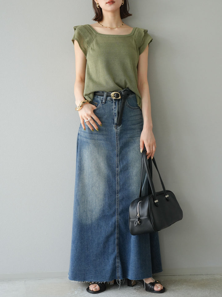 [予約]リネンタッチフリルニットタンクトップ/カーキ