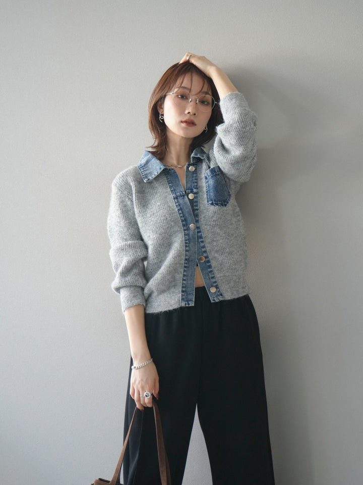 [予約]デニム襟ポケットニットカーディガン/gray