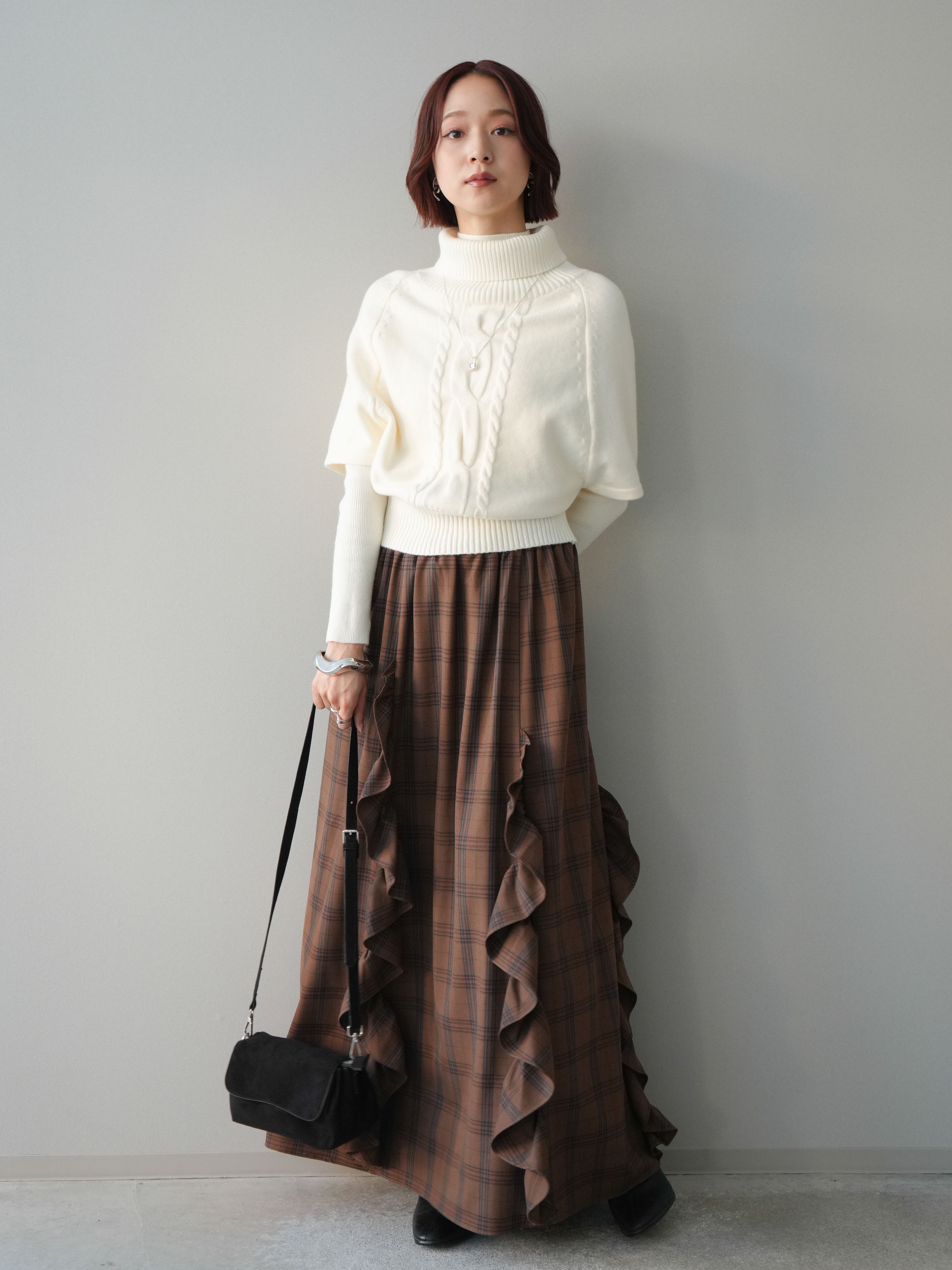 予約]チェック柄フリルハイウエストマキシスカート/lightbrown – Lumier