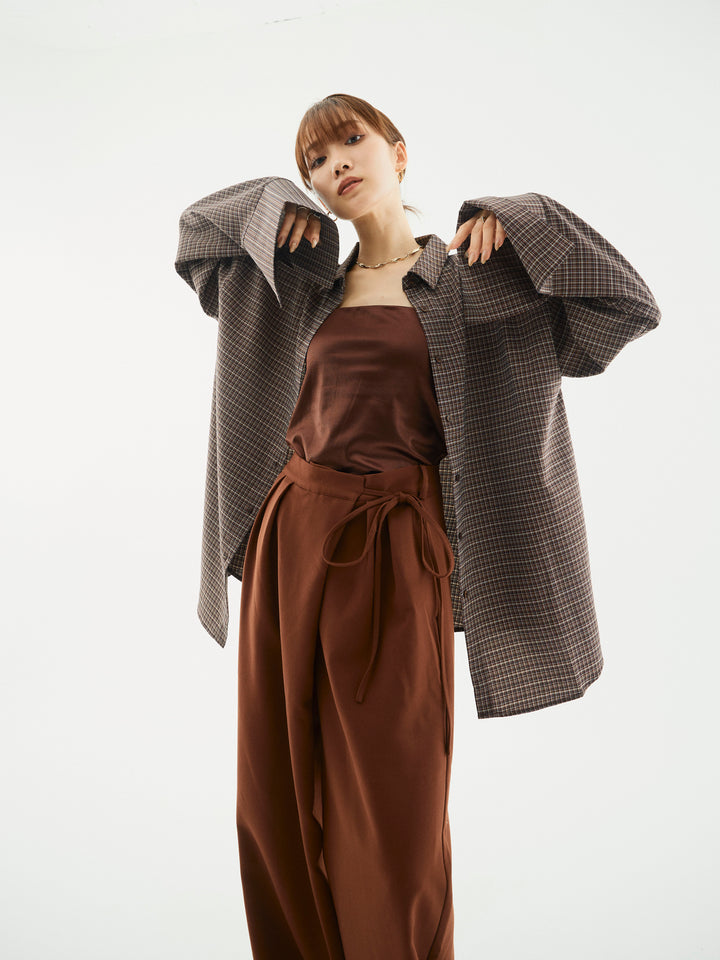 【Allure】[SET]チェックBIGカフスオーバーシャツ+ラップデザインタックワイドパンツ(2set)