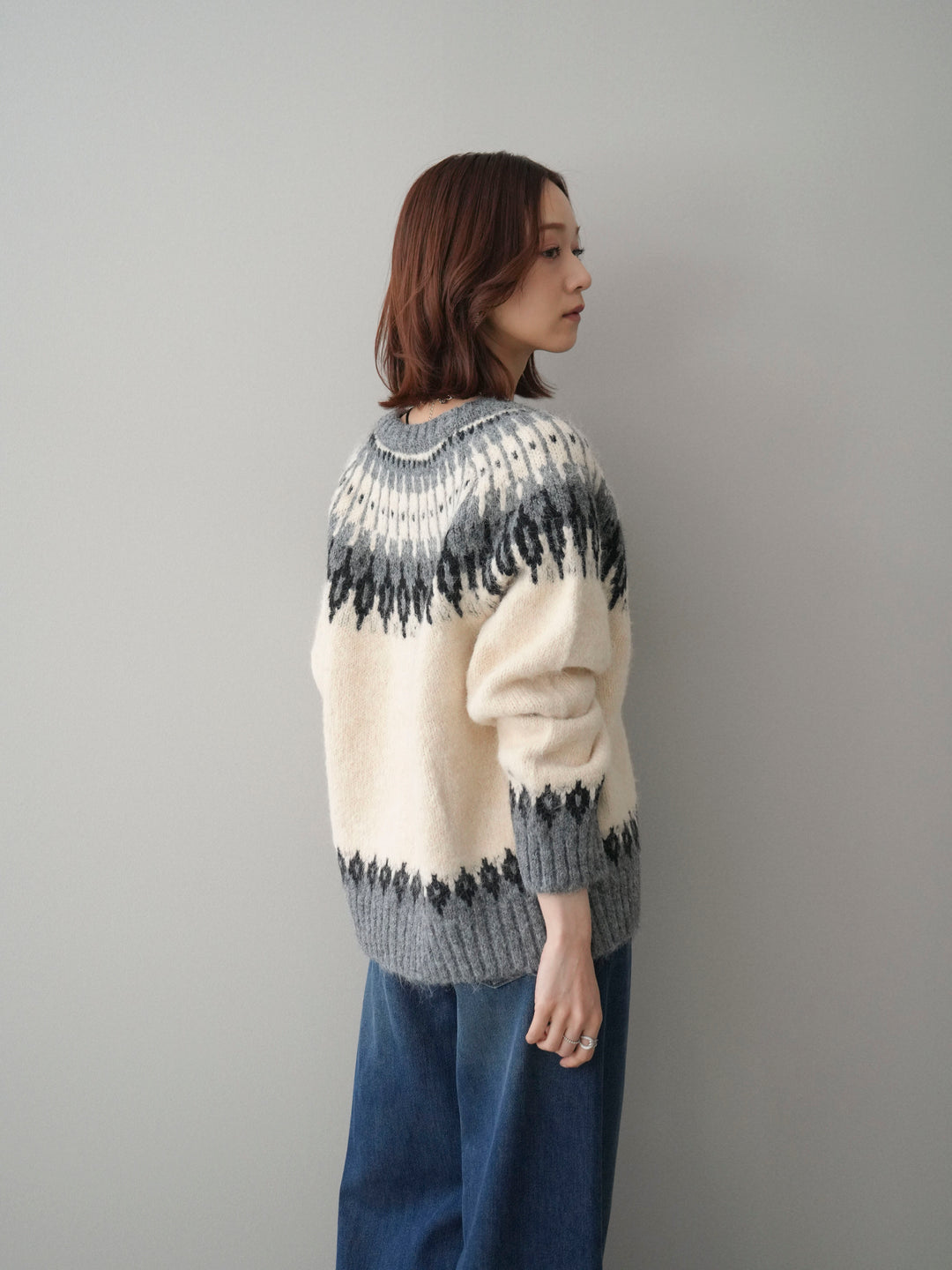 [SET]トグルボタン求心柄ニットカーディガン+裏起毛裾フリンジワイドデニムパンツ(2set)